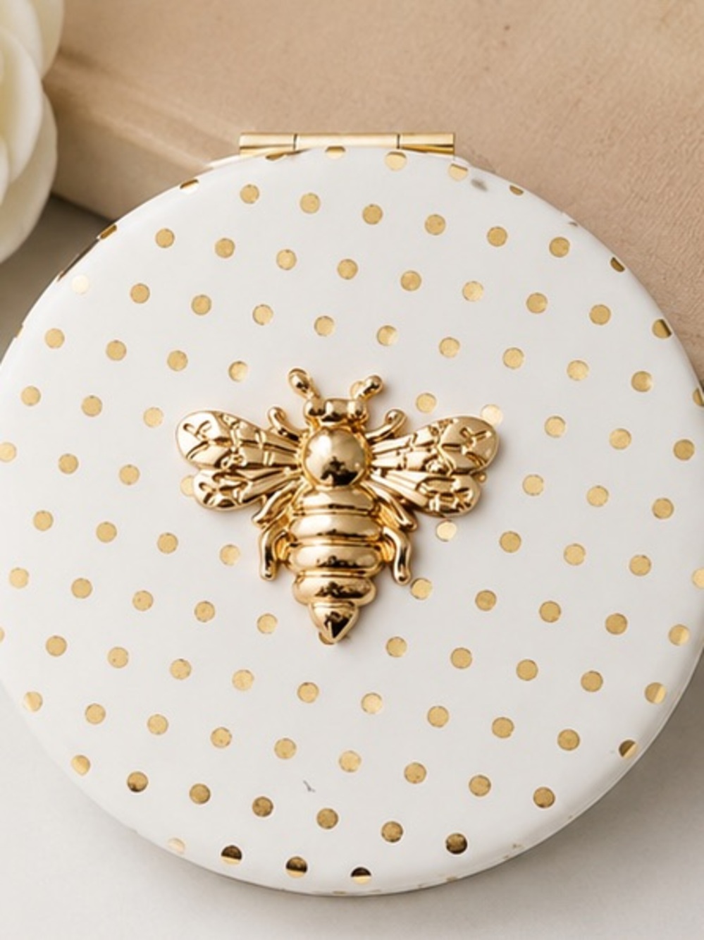 White and Gold  Bee Compact Double-Sided Travel Vanity Mirror Designer Inspired